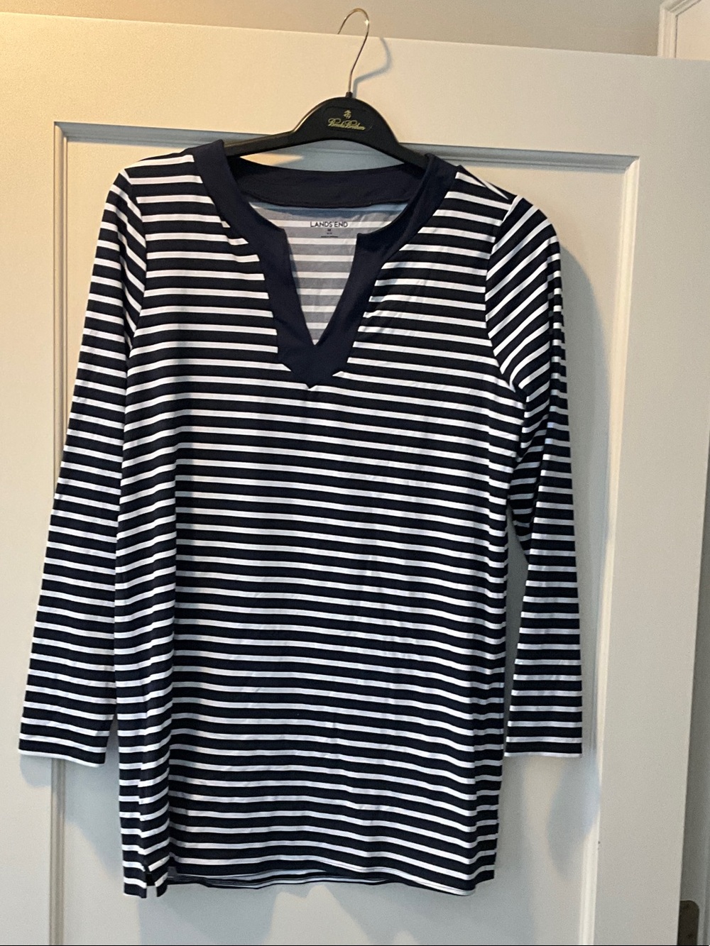 Lands' End Navy and White Striped V-Neck Top